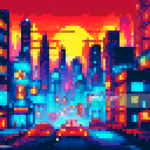 scavenger, broken neon signs in an abandoned city of towering skyscrapers, illuminated only by flickering holograms and polluted air, with abandoned vehicles scattered in the background - all portrayed in dark, sRGB pixel art style