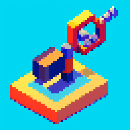 grappling hook, pixelated rope, vibrant colors, detailed metal, retro game style, isometric view, textured handle, 8-bit pixels, shiny metallic, intricate mechanism, sharp hooks, minimalistic design