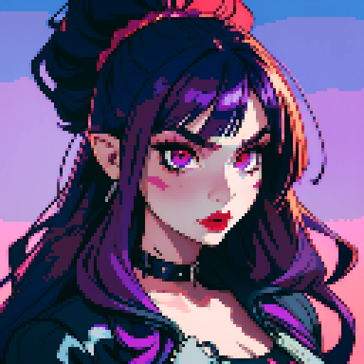 Plus size busty goth girl, with long purple hair, eyeliner, red lipstick. wearing a halter top and spiked collar. Posing for a up close face portrait. vibrant sRGB colors, pixel art, edgy aesthetic