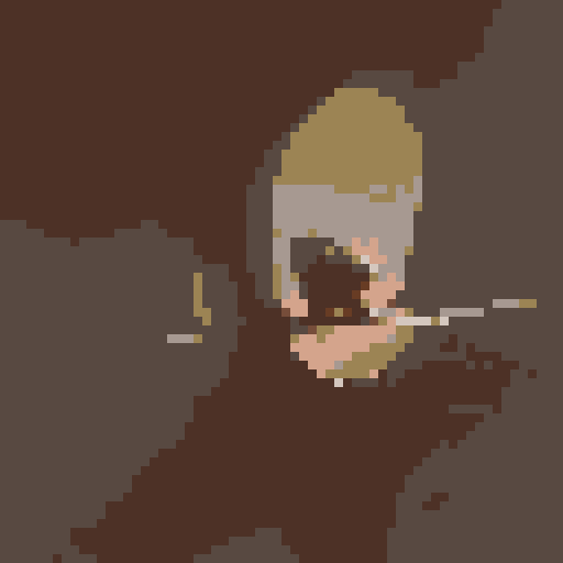 background color #9c8454, small fantasy icon for use in a fantasy wargame, pixel image of an owlbear using white, black, and hushed tone colors, the owlbear should be standing upright facing right and have its arms extended like it was going to attack, make the image sharp 