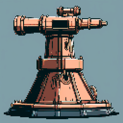 I want a copper structure reminiscent of the gun on top of a turret, seen from a head on two dimensional perspective. The design should be relatively simple. I also want this object usable as an asset in a videogame, meaning only one object per image, outlined with a strong black stroke, on a solid-color background.