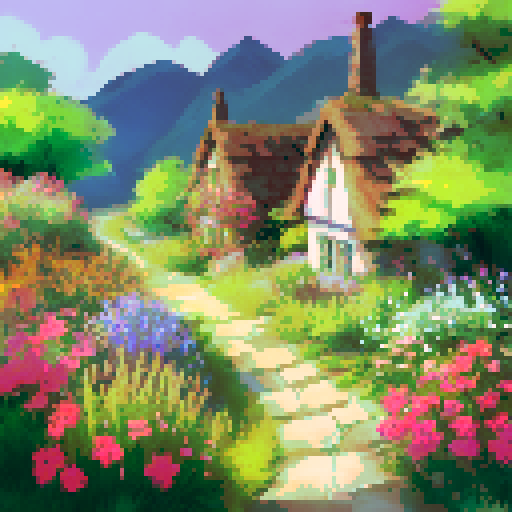 an adorable cottagecore cottage with a winding path and garden of wildflowers limited colors