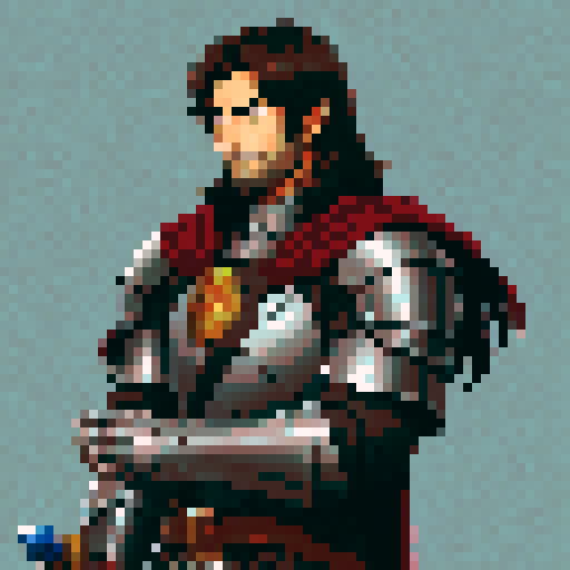  Knight with Dark Brown Hair and stubble. He has a longsword slung over his shoulder.