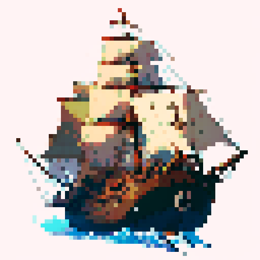 Pirate ship, large cannons, two white square sails, facing North, 3/4 view, transparent background, sRGB, pixel art
