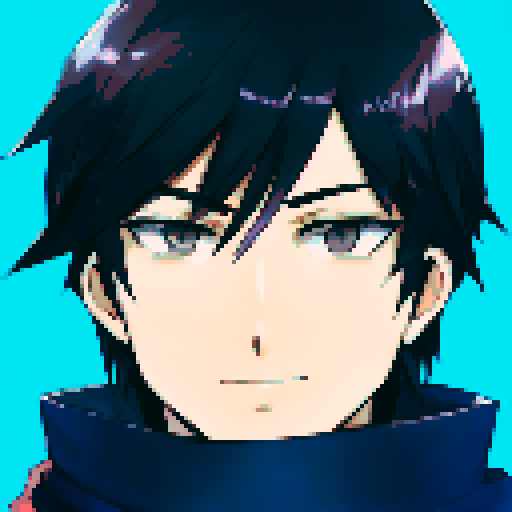 handsome guy, anime, smiling, closed mouth, brown eyes, black hair, blue scarf