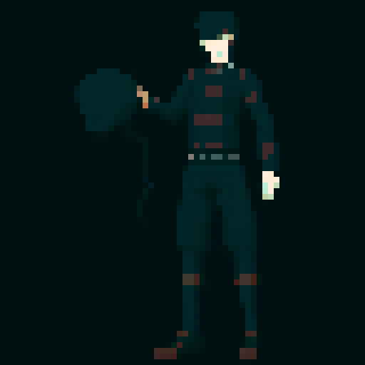 male character, pixel art sprite, black clothing, neutral pose, neutral facial expression, sRGB palette