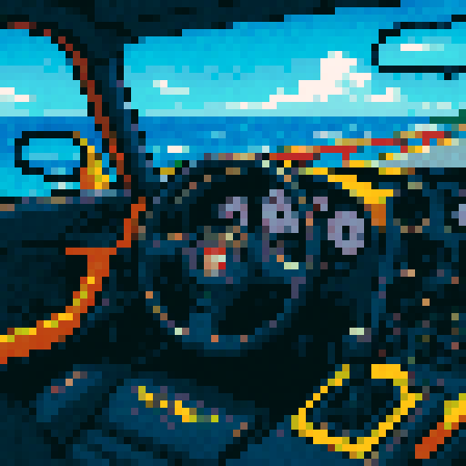 Dodge Viper GT interior, road, Ocean outside driver's window, 80s anime style, sRGB, pixel art