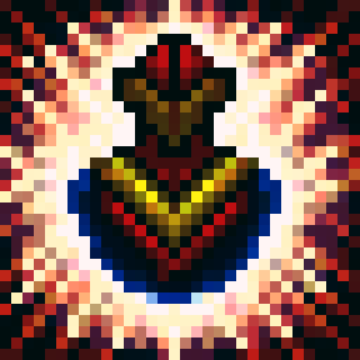 Firebreathing war general with a fierce expression, adorned in golden armor and a red cape, holding a sword with flames licking the blade, against a background of billowing smoke and embers in a pixelated, skill art style for a game icon.