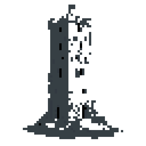 2d stone tower in an ancient english style. Old and crumbling but still upright. Usable as an asset (clear, thick lines and a white background). Put a black stroke around the composition