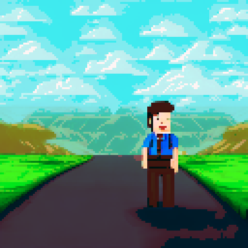 human in brown pants with belt, green shirt, non-realistic