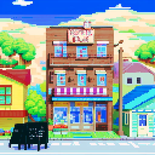 Roadside buildings, drug store, bright colors