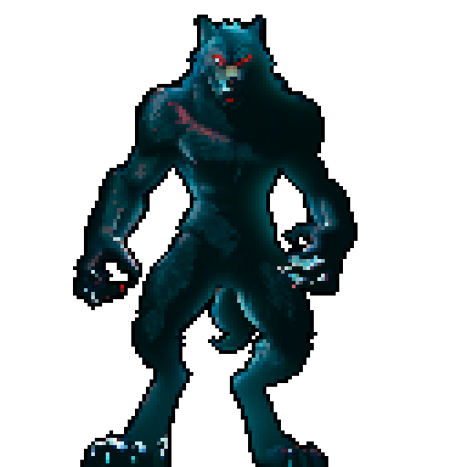 a werewolf, standing in the forest, red eyes, slightly bent forward
