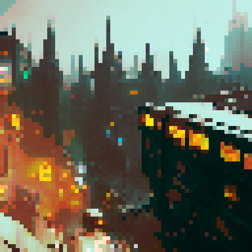 Eerie, gothic, and surreal. Dark shadows stretch across the abandoned cityscape, illuminated by the flickering neon lights of the few remaining storefronts.