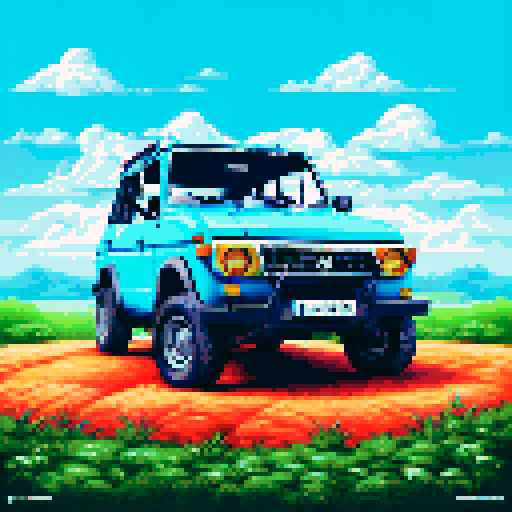 Photorealistic, centered old Lada Niva in a three quarter view, right wheel in front, clean background, pixel art style with sRGB colors