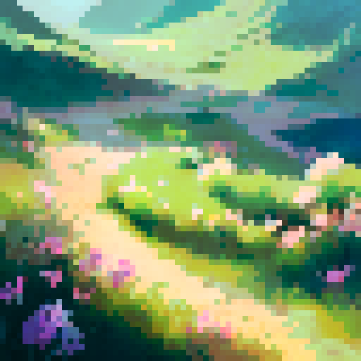 Rolling hills dotted with vibrant wildflowers lead to a picturesque town nestled in a valley, surrounded by towering mountains and a clear blue sky - a breathtaking landscape portrait.