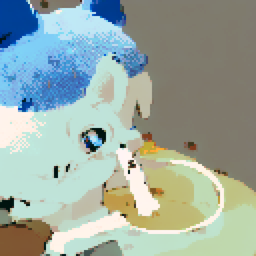 cartoon rabbit with blue ears, character portrait, close up, anime style, pixel art, expressive eyes, fluffy fur, vibrant colors