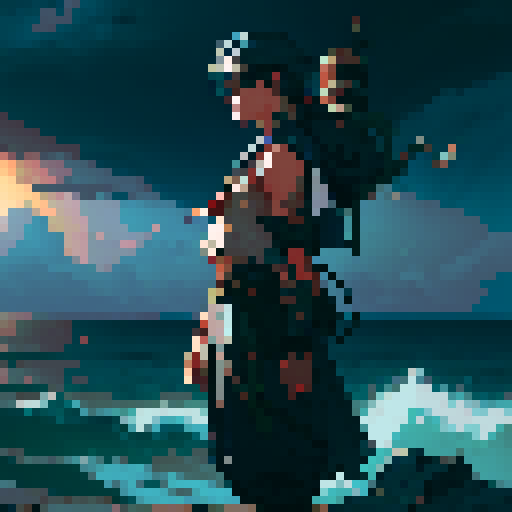 sailor profile, rugged, weathered, with a mysterious eye patch, adorned with intricate nautical tattoos, standing on a cliff overlooking a stormy sea, in a fantastical RPG world
