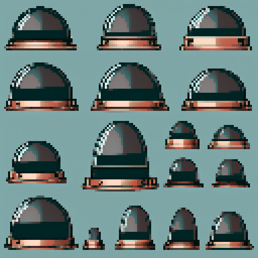 I want a rounded transparent glass half-dome with copper trim and copper rivets around the bottom edge. I want this object usable an asset in a videogame, meaning only one object per image, outlined with a strong black stroke.