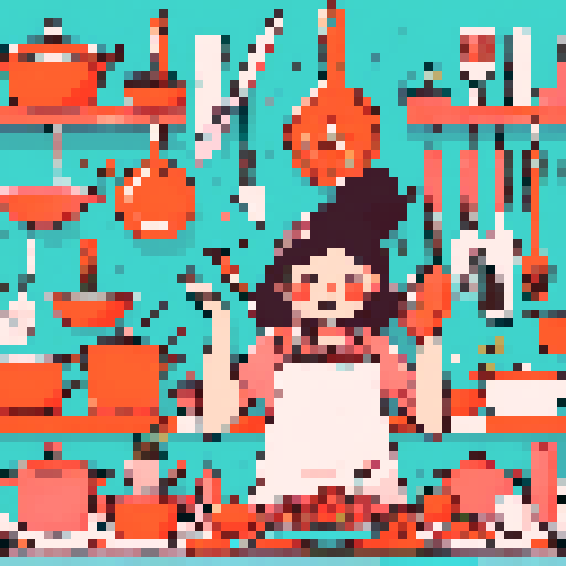 cute, vibrant, and playful, while cooking a delicious meal in a colorful kitchen filled with whimsical utensils and ingredients