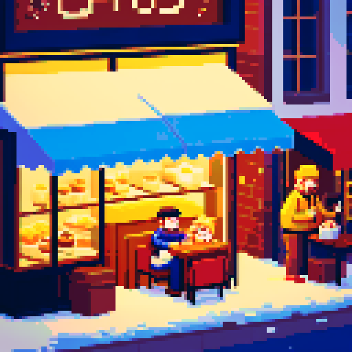 busy city cafe, winter cold, crowded tables, steaming cups, baristas brewing coffee, pixel art, sRGB, depressed