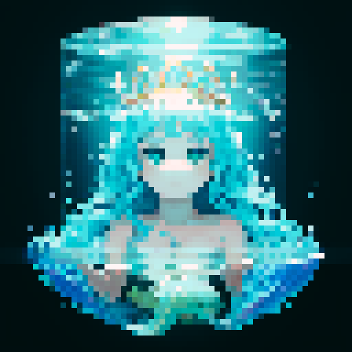 Create a close-up image of a mermaid with a crown, partially submerged underwater. Half of her face is above the water's surface, revealing her beautiful features. The underwater portion of her face should show her aquatic beauty, with the serene, mysterious ambiance of the ocean surrounding her. The crown should have an ethereal, shimmering quality, adding to her majestic presence.