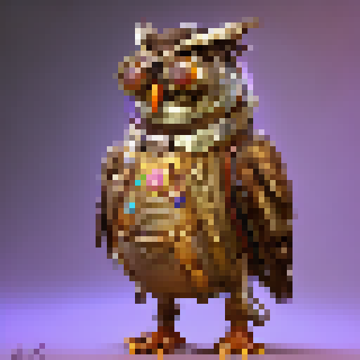 Steampunk owl character from Bioshock Infinite universe, adorned with aetherpunk gadgets and goggles, perched atop a rusty cog in a fantastical RPG world.