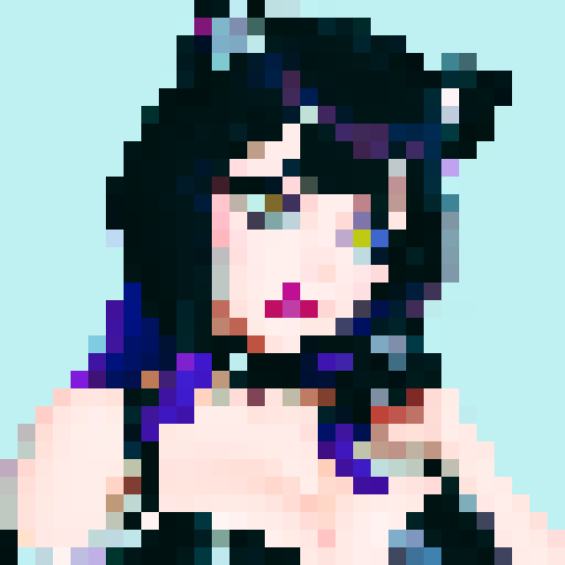 curvy, cute goth cat girl face, black hair, purple eyeshadow, red lipstick, studded leather, face portrait, glamour shot, vibrant sRGB colors, pixel art