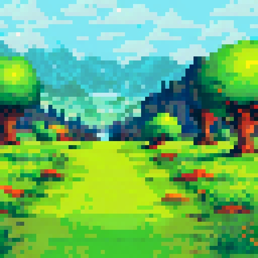 Topdown, vibrant green grass, rolling hills, soft shadows, pixelated trees, clear blue skies, distant mountains, sRGB palette, detailed textures, immersive background, expansive landscape