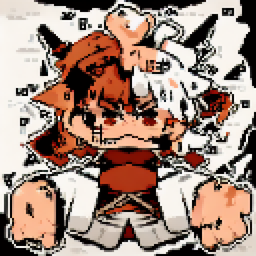 Pixelated caricature of a fierce, samurai warrior with a menacing expression, featuring bold black lines and sharp angles, all rendered in a monochromatic palette.