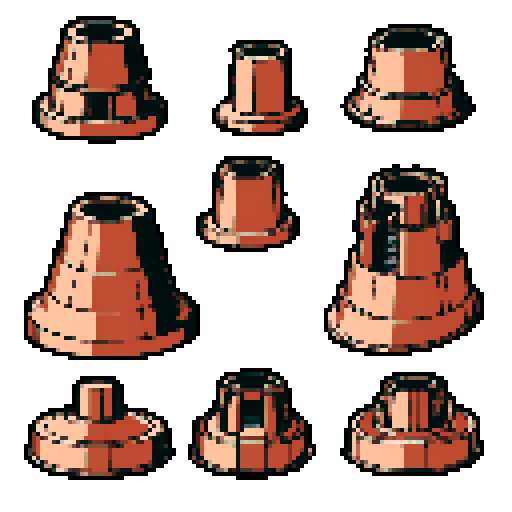I want a copper structure reminiscent of the base of a gun turret, seen from a head on two dimensional perspective. The design should be relatively simple. I also want this object usable as an asset in a videogame, meaning only one object per image, outlined with a strong black stroke, on a solid-color background.
