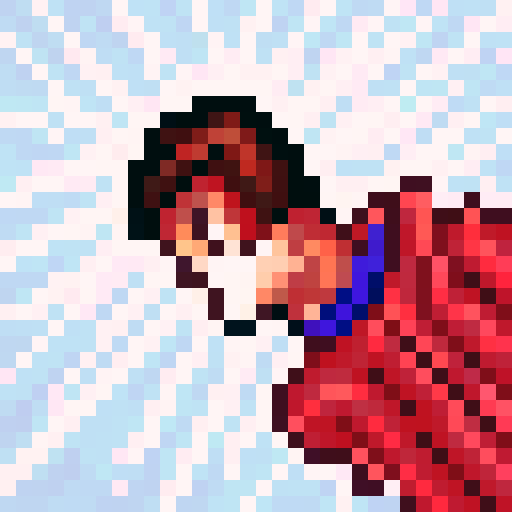 "Create a vibrant, high-saturation game icon featuring a 32x32 pixel art close-up portrait of a skilled character rendered in sRGB with dynamic shading and bold outlines."