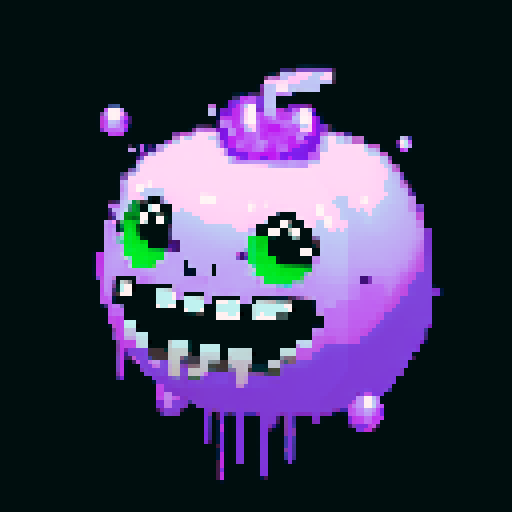A larger, more dangerous purple slime that emits a toxic mist. It has glowing yellow eyes and a malevolent grin. The body is darker and denser, with toxic bubbles inside. No background.
