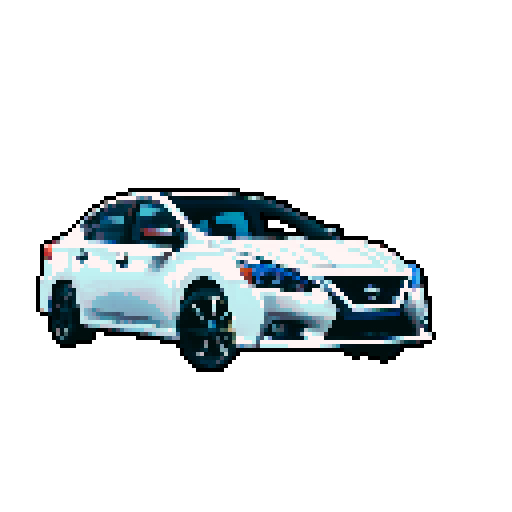 Photorealistic whole Nissan Sentra, three-quarter view, right front wheel, clean background, sRGB colors, pixel art style