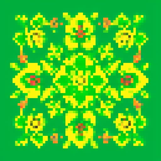 vibrant green plant, delicate stems, intricate flowers, retro color palette, low resolution pixels, vibrant hues, sharp edges, nostalgic vibes, limited color palette, 8-bit charm, crisp details, playful composition, nostalgic video game aesthetic, intricate patterns