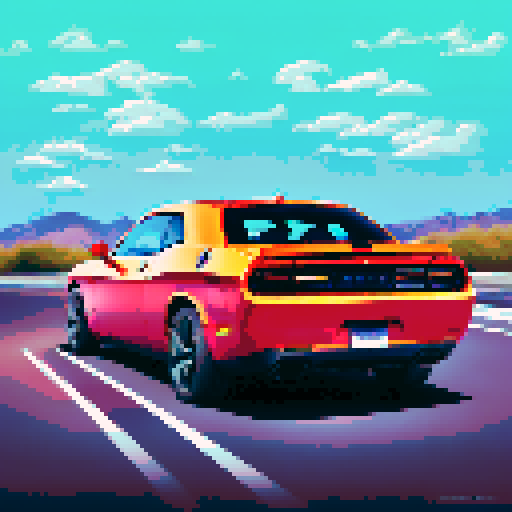 Photorealistic, centered Dodge Challenger in a three quarter view, right wheel in front, clean background, pixel art style with sRGB colors
