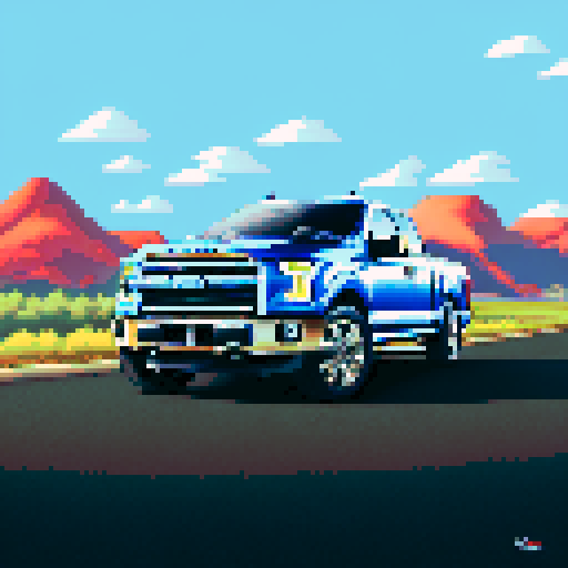 Photorealistic, centered Ford F-150 in a three quarter view, right wheel in front, clean background, pixel art style with sRGB colors