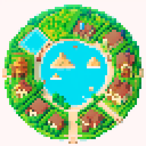 a map containing 5 biomes: a small village of wooden buildings in the center, surrounded by palisades. a desert in the lower right, lava stricken rocky mountains in the top right corner, an ocean in the top left and grasslands in the lower right corner