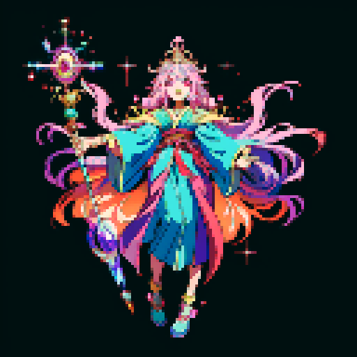 legendary anime girl wizard, long flowing hair, vibrant and dynamic colors, glowing magical staff, intricate and ornate robes, intense and focused expression looking to the right, not wearing shoes, sparkling and shimmering background, detailed and precise pixel art
