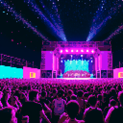 let's image you're on the rock festival within a lot of people, some of them dancing other of them raving, talking, drinking, etc. also it's happening at the night with a lot of colour lights and with a lot of stars on the sky 