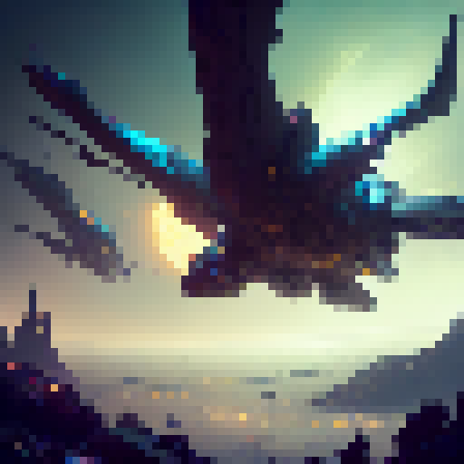 Techno robot, gleaming metallic body, surrounded by swirling neon lights, standing atop a desolate futuristic cityscape, with dragons and griffins flying overhead, all depicted in a fantasy RPG style with intricate concept art details.