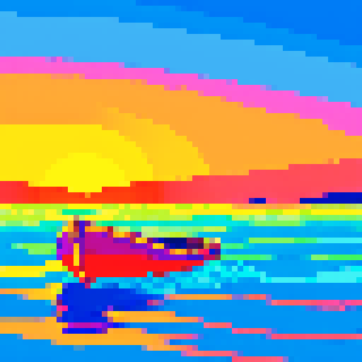boat on sea, vibrant colors, pixel art, reflecting sunrise, shimmering waves, glowing horizon, sRGB color space, tranquil atmosphere