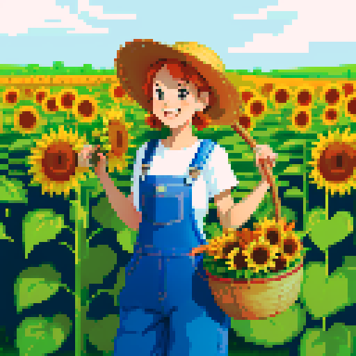happy, female farmer in pixel art style, surrounded by vibrant green fields, wearing worn-out denim overalls and a straw hat, holding a basket full of freshly harvested carrots and a bouquet of sunflowers, with a content smile on his face, standing next to a rustic wooden cart filled with colorful fruits and vegetables