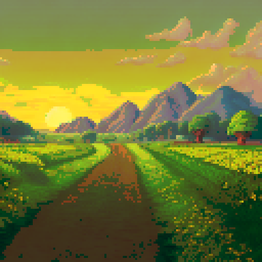 pastoral landscape, fields (yellow), sunset, no mountains in background