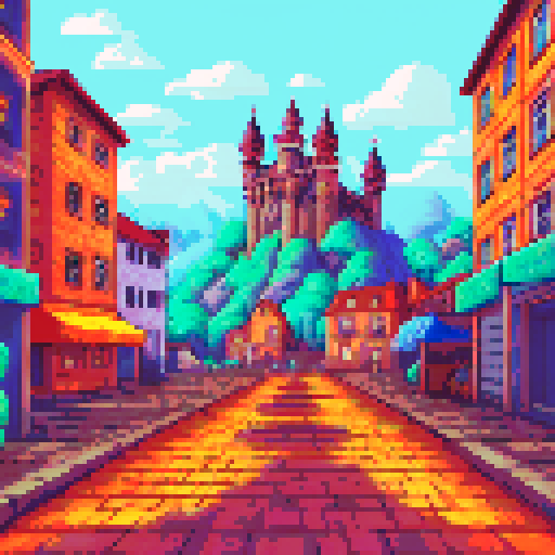Crowded, bustling medieval market with colorful stalls selling fresh fruits, vegetables, meats, and baked goods; narrow cobblestone streets lined with wooden merchant shacks; castle towers and church spires rising above the bustling scene; all depicted in a vivid, sRGB pixel art style with a detailed background landscape