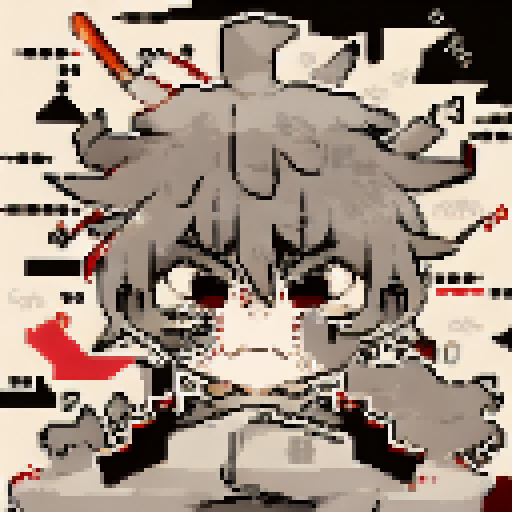 Pixelated caricature of a fierce, samurai warrior with a menacing expression, featuring bold black lines and sharp angles, all rendered in a monochromatic palette.