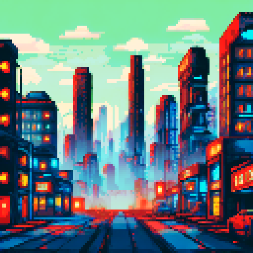 Abandoned skyscrapers looming over cracked concrete streets, rusted metal vines, and gritty neon signs, with towering vinyl platforms for survivors to navigate the desolate cityscape in vibrant pixel art