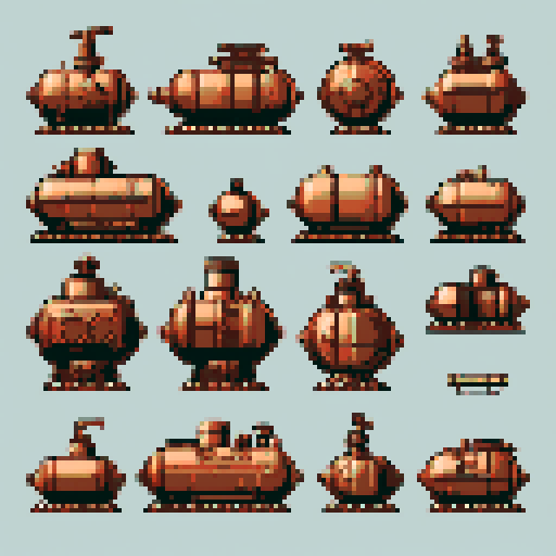 simple, geometrical copper pieces from a tank. Steampunk. It should be seen from the left side with no perspective, on a solid-color background. There should one be two or three pieces in each frame, it shouldn't be complete.
