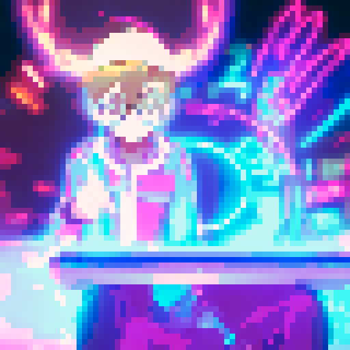 Tech-savvy baby with oversized glasses and suspenders operates a futuristic computer, surrounded by neon lights and holograms