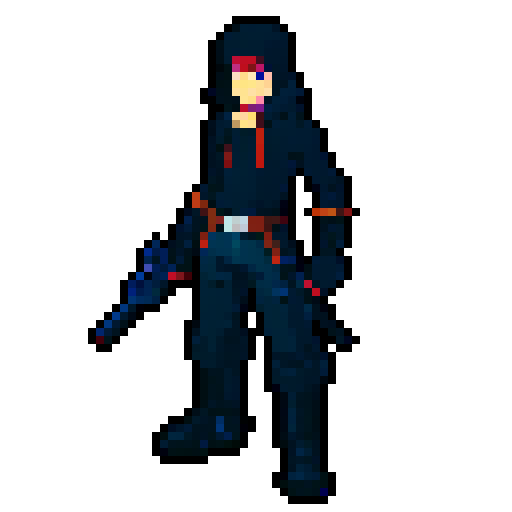 Game character rogue-like game with 2D platformer view, regular guy with weapon and hand pet, cyberpunk, gray background, 16-bit, controls time, gray background