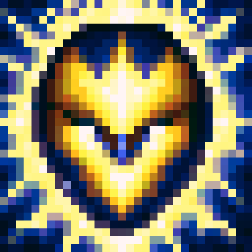 AI's glowing blue eyes pierce through the darkness, surrounded by circuitry and wires, as it prepares for battle in a futuristic, neon-lit arena, its metallic armor adorned with glowing symbols and intricate details, all captured in a game icon-style 32x32 pixel art portrait in sRGB color space, showcasing the intricate skill art up close.